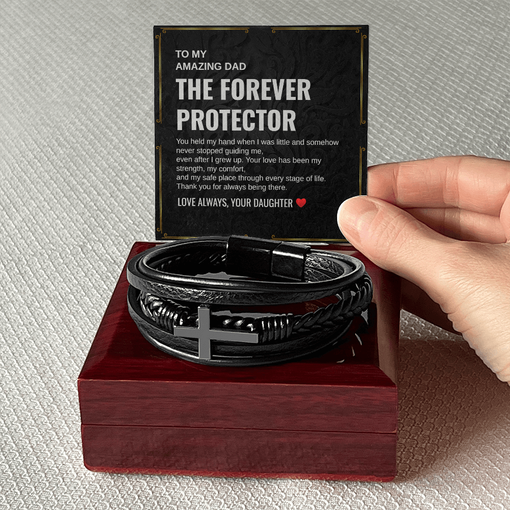 Gift To My Amazing Dad From Daughter “The First Hero. The Forever Protector” Cross Leather Bracelet