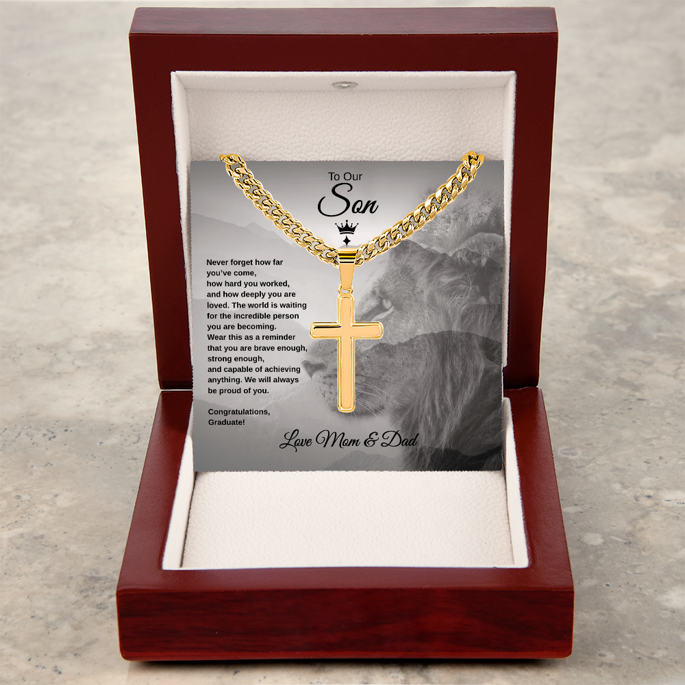 Gift To Our Son From Mom & Dad “Never Forget How far You've Come” Cross with Link Chain Necklace