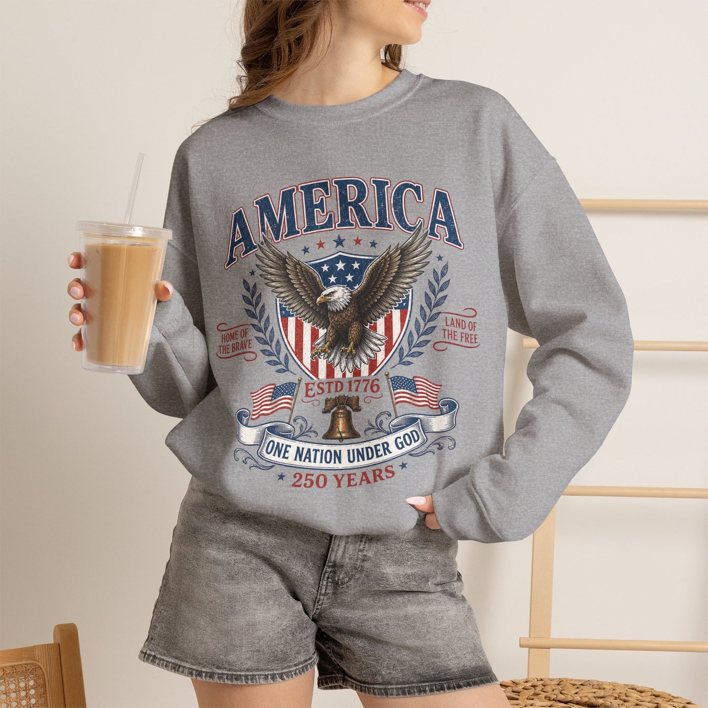 America Eagle Crewneck Sweatshirt – One Nation Under God 250 Years