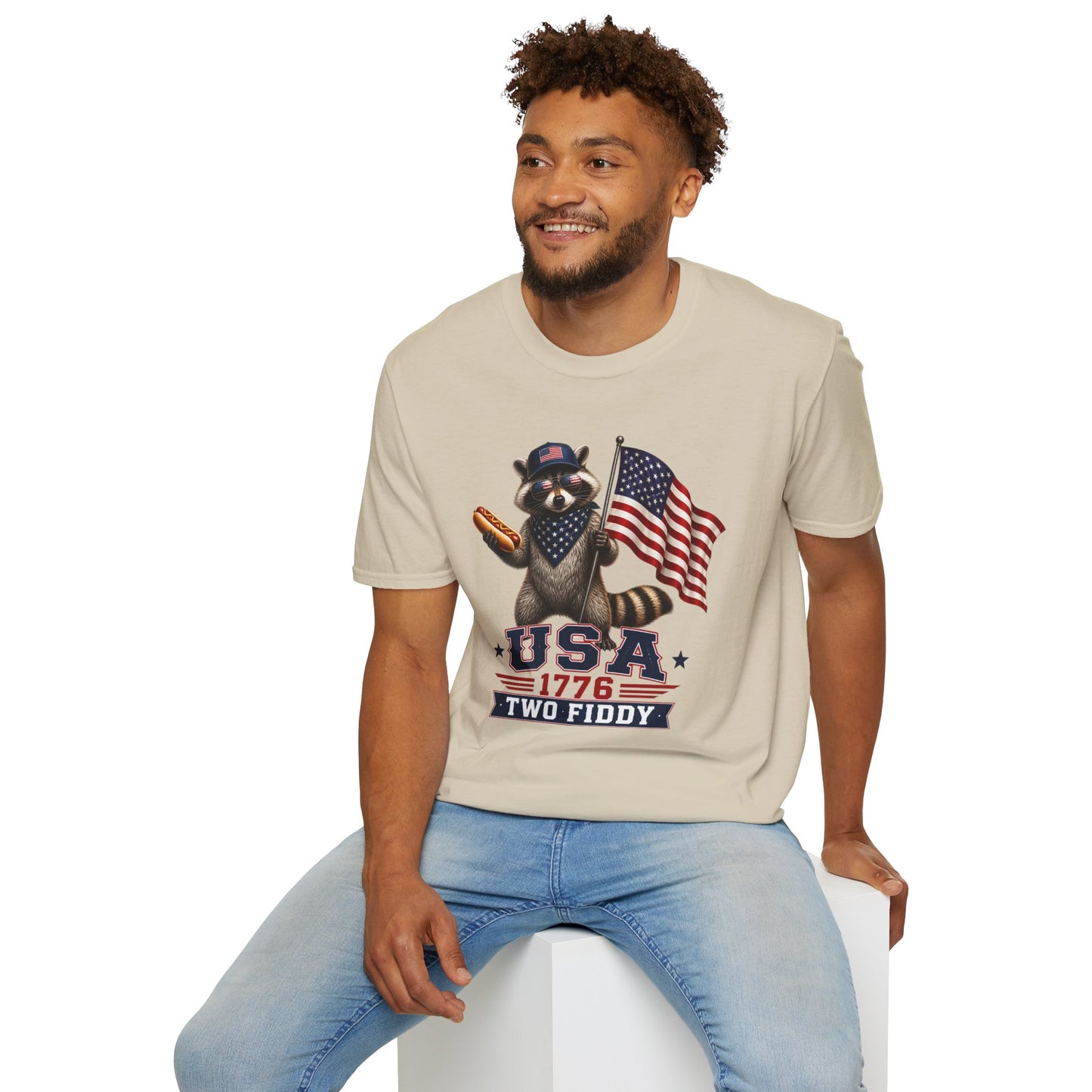 Patriotic Raccoon T-Shirt — USA 1776 "Two Fiddy" Flag Design