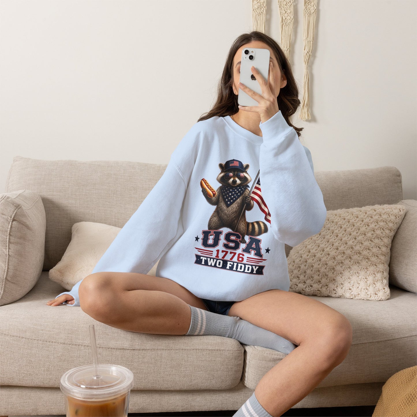 Patriotic Raccoon USA 1776 Two Fiddy Crewneck Sweatshirt