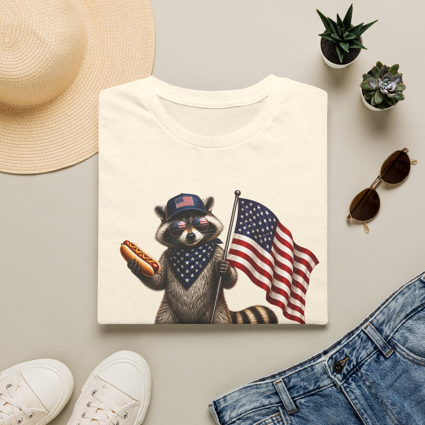 Patriotic Raccoon T-Shirt — USA 1776 "Two Fiddy" Flag Design