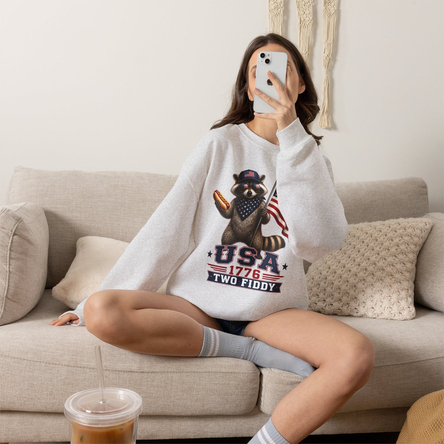 Patriotic Raccoon USA 1776 Two Fiddy Crewneck Sweatshirt