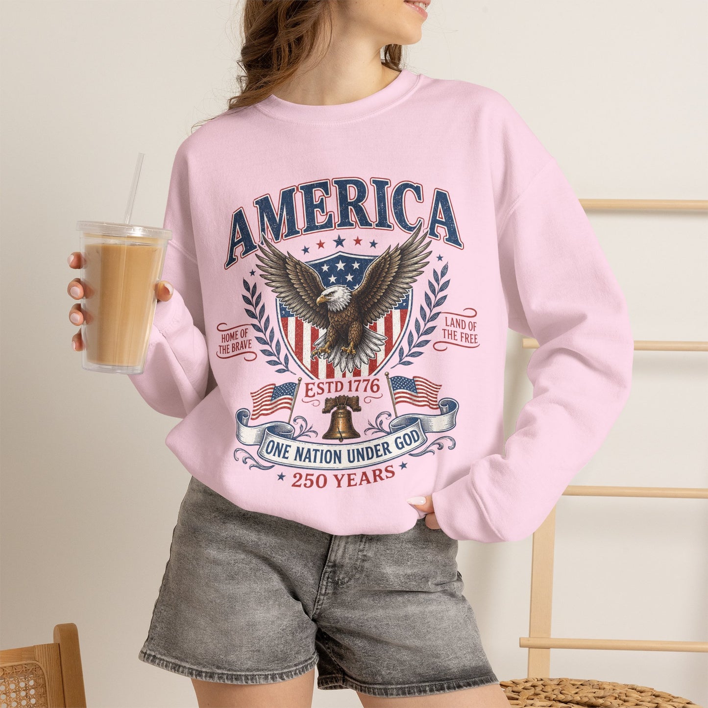 America Eagle Crewneck Sweatshirt – One Nation Under God 250 Years