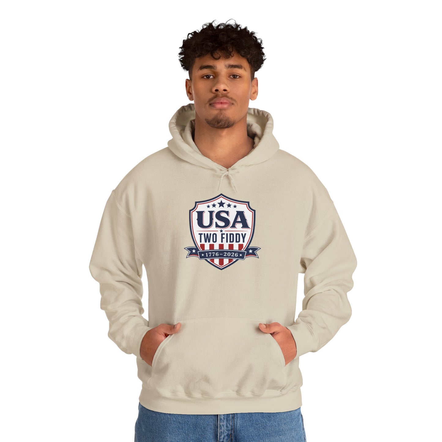USA Two Fiddy Shield Hoodie — Patriotic Vintage American Flag Sweatshirt (Two Fifty)