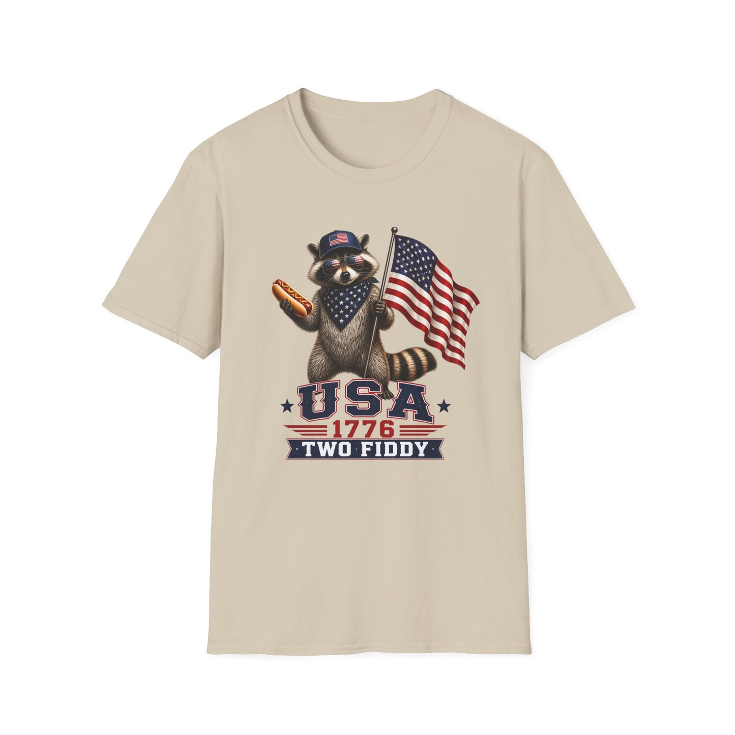 Patriotic Raccoon T-Shirt — USA 1776 "Two Fiddy" Flag Design