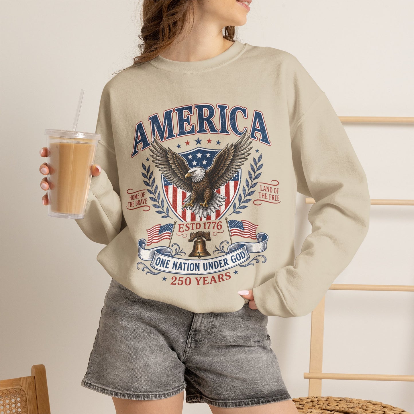America Eagle Crewneck Sweatshirt – One Nation Under God 250 Years