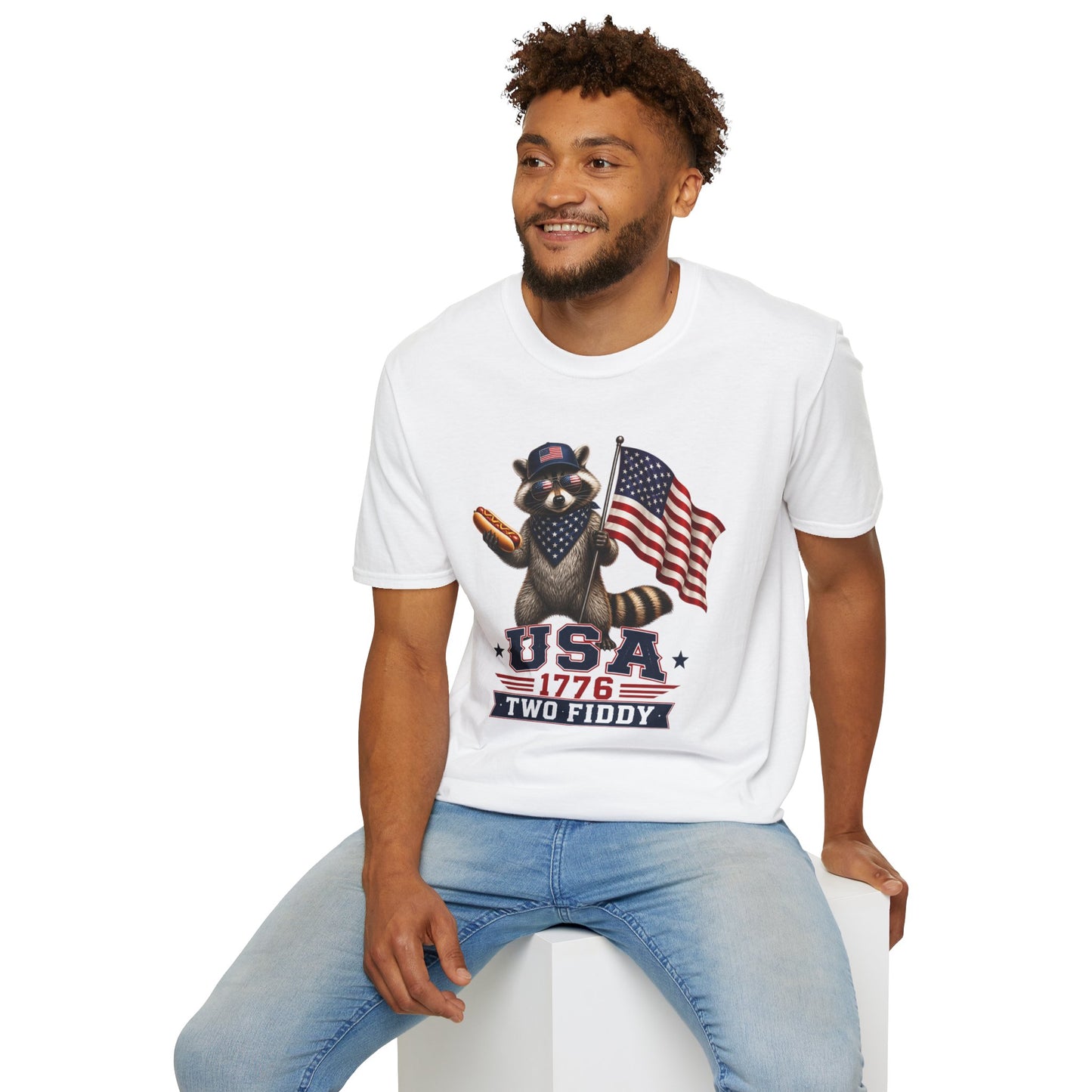 Patriotic Raccoon T-Shirt — USA 1776 "Two Fiddy" Flag Design