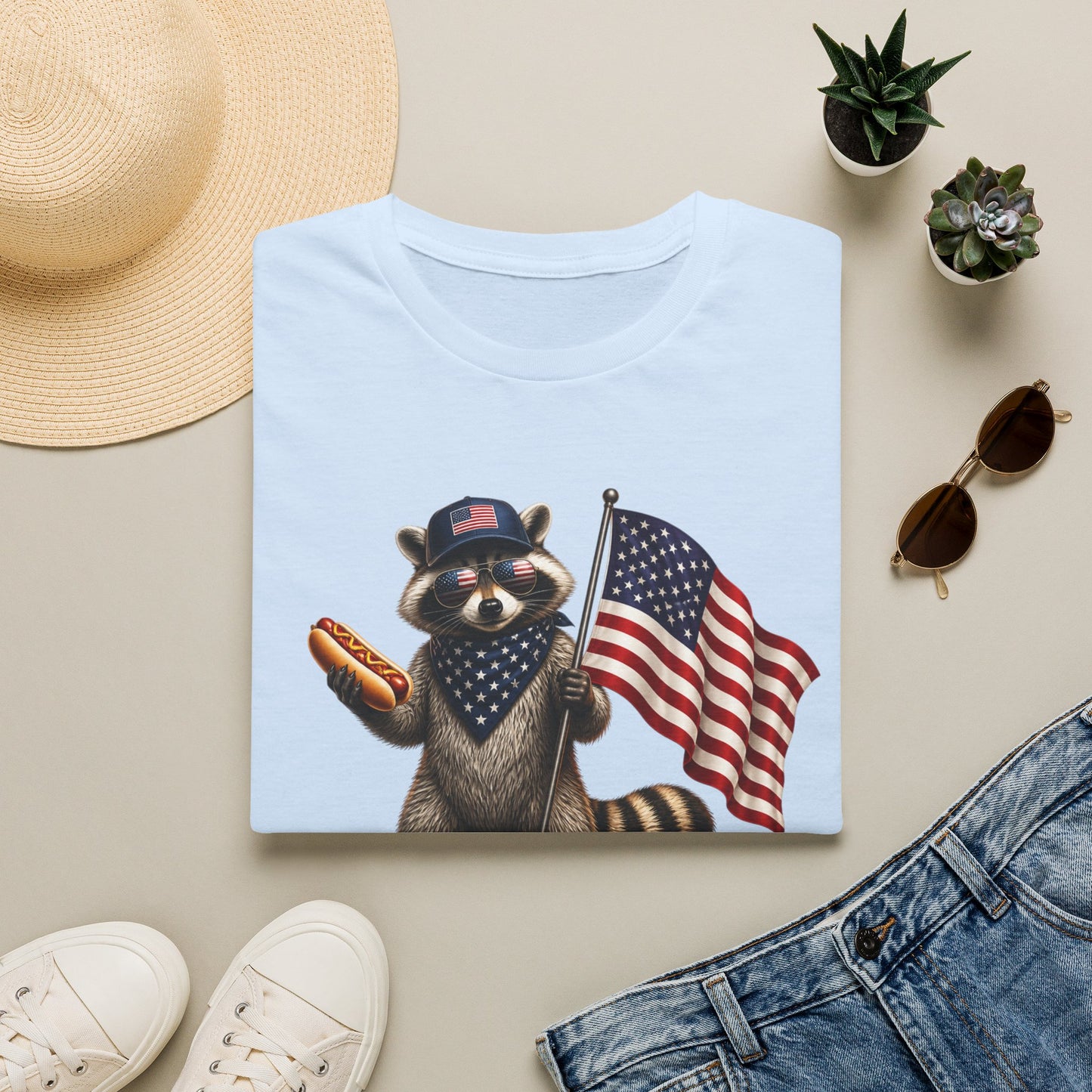 Patriotic Raccoon T-Shirt — USA 1776 "Two Fiddy" Flag Design