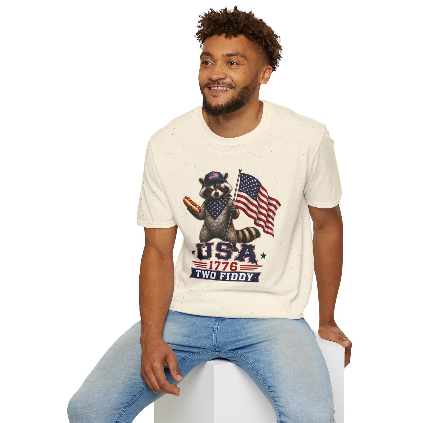Patriotic Raccoon T-Shirt — USA 1776 "Two Fiddy" Flag Design