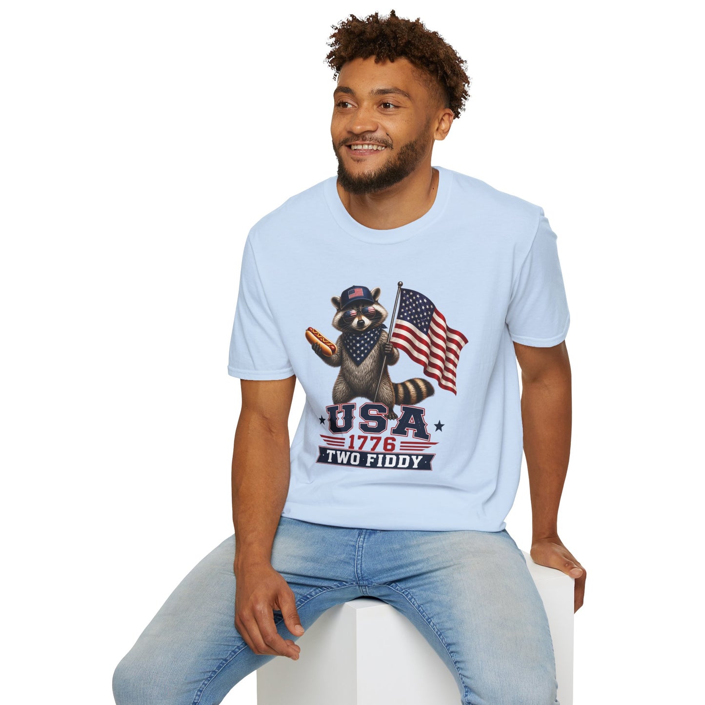 Patriotic Raccoon T-Shirt — USA 1776 "Two Fiddy" Flag Design
