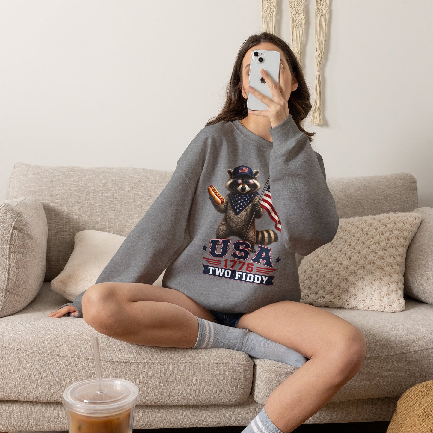 Patriotic Raccoon USA 1776 Two Fiddy Crewneck Sweatshirt