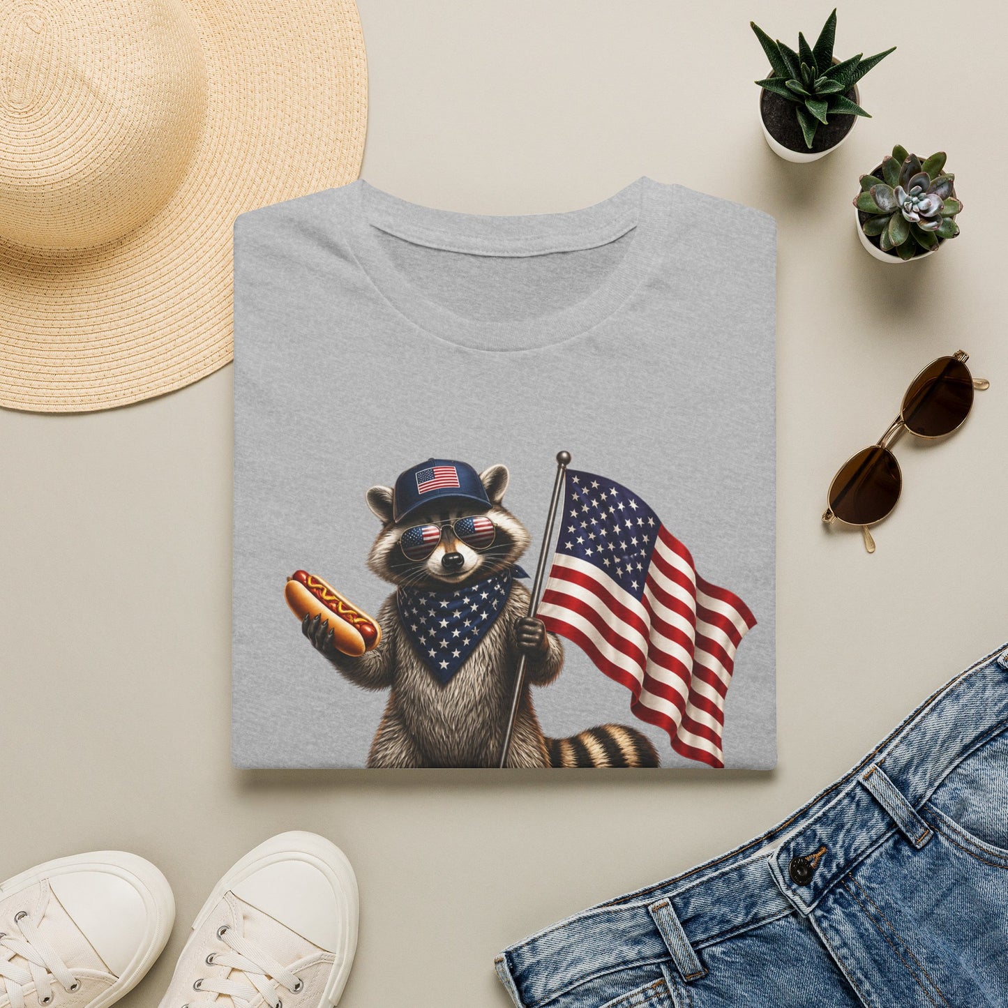 Patriotic Raccoon T-Shirt — USA 1776 "Two Fiddy" Flag Design