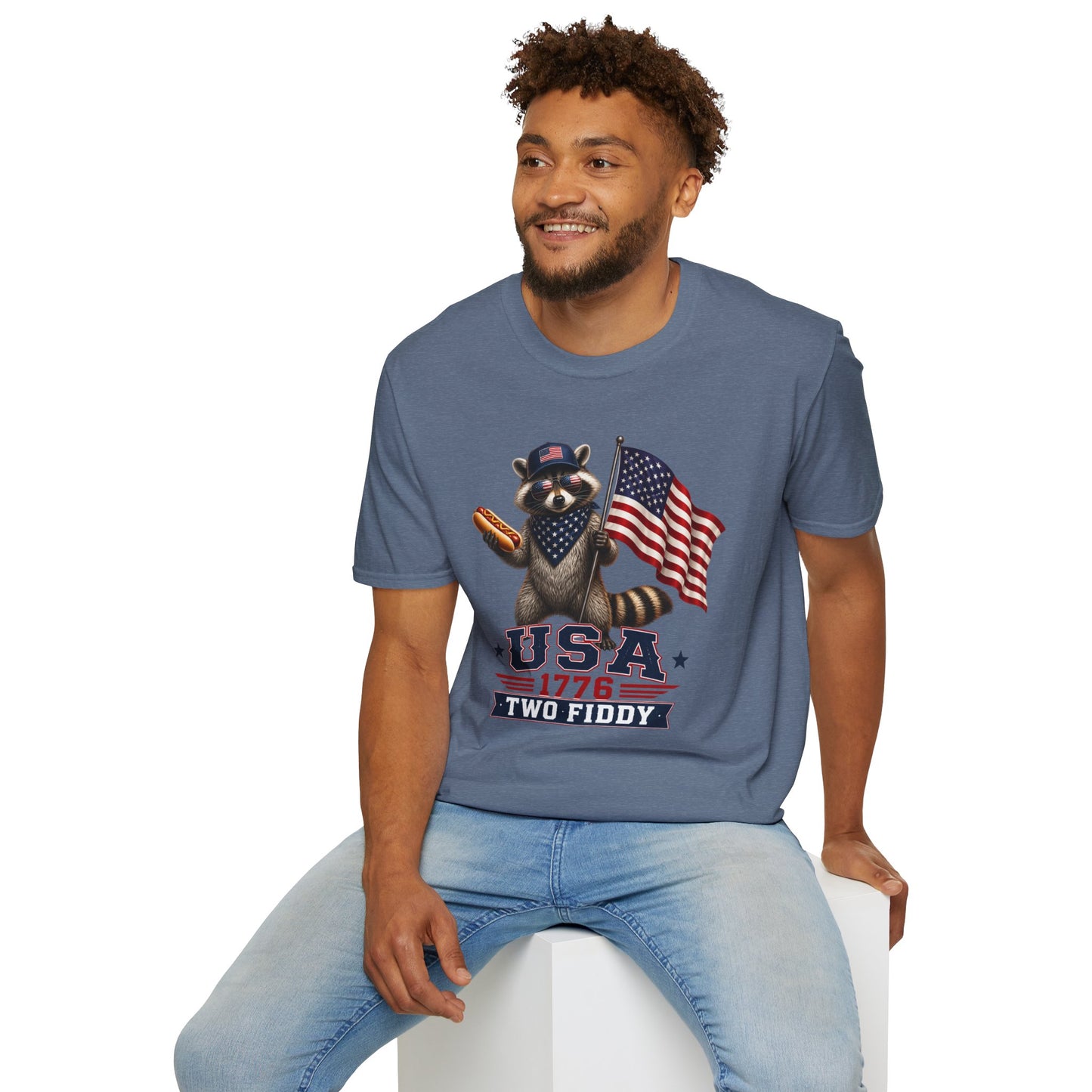 Patriotic Raccoon T-Shirt — USA 1776 "Two Fiddy" Flag Design