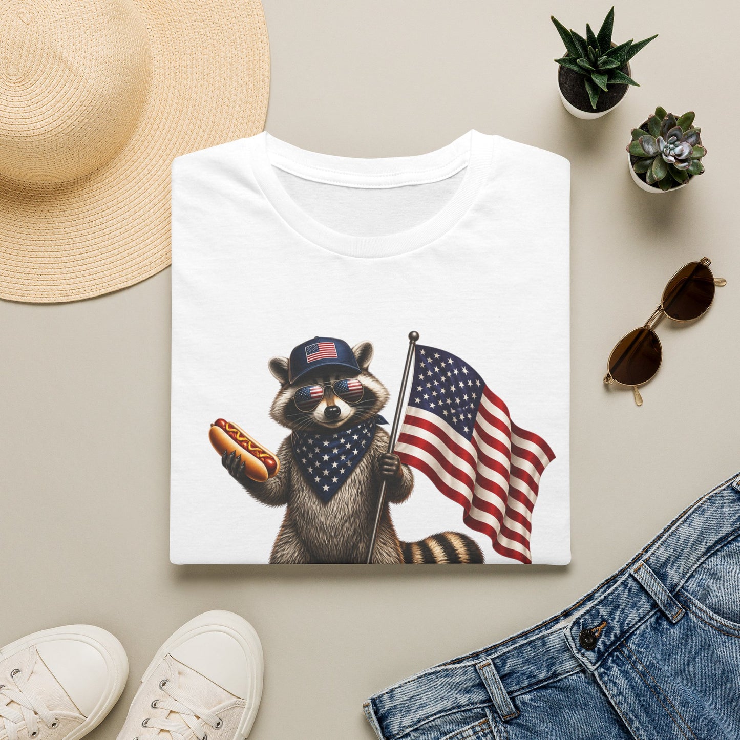 Patriotic Raccoon T-Shirt — USA 1776 "Two Fiddy" Flag Design