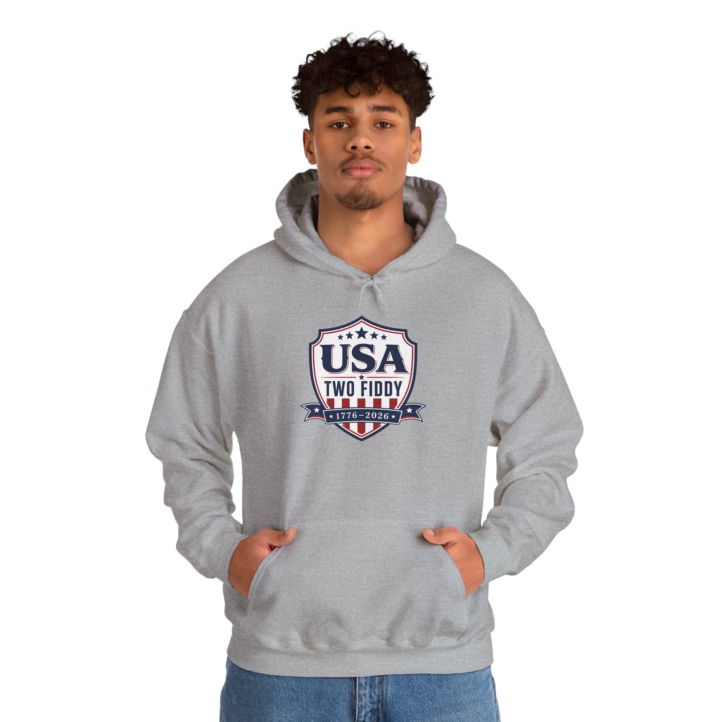 USA Two Fiddy Shield Hoodie — Patriotic Vintage American Flag Sweatshirt (Two Fifty)