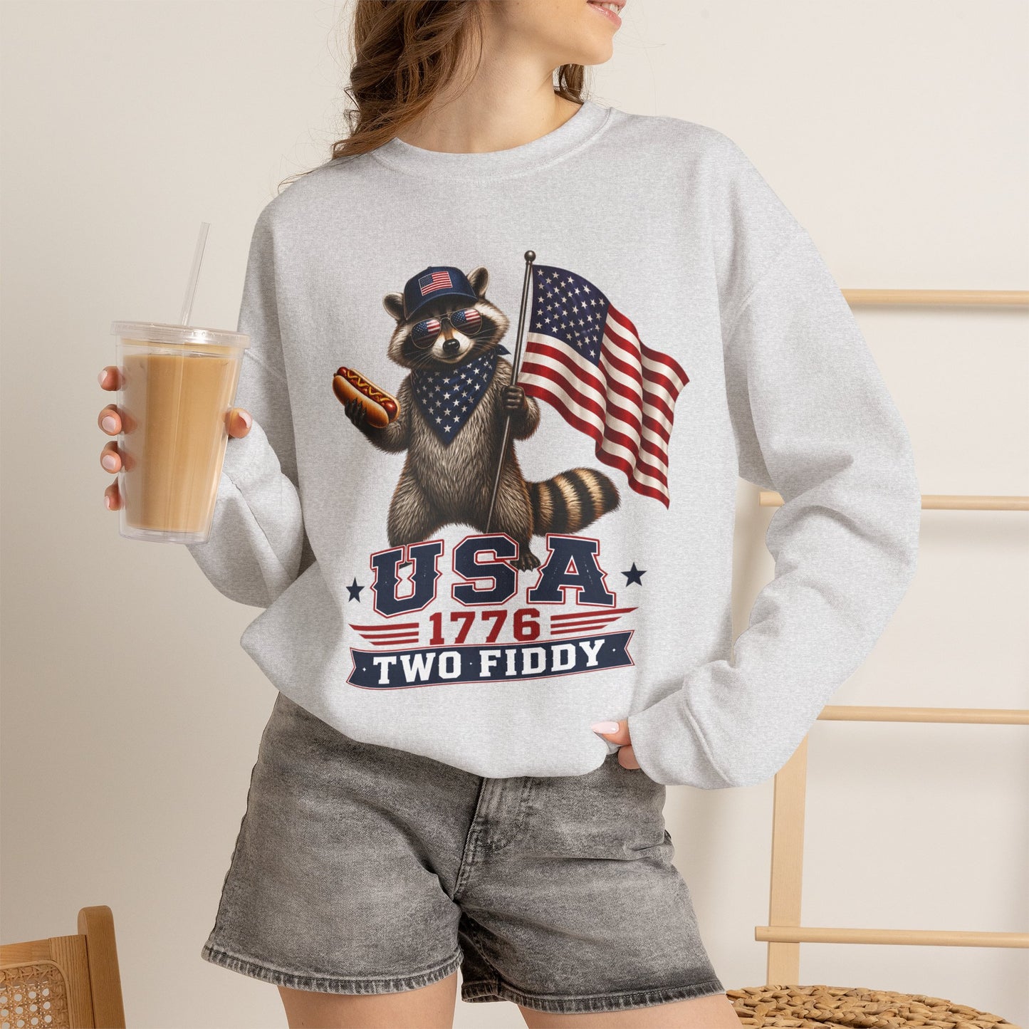 Patriotic Raccoon USA 1776 Two Fiddy Crewneck Sweatshirt