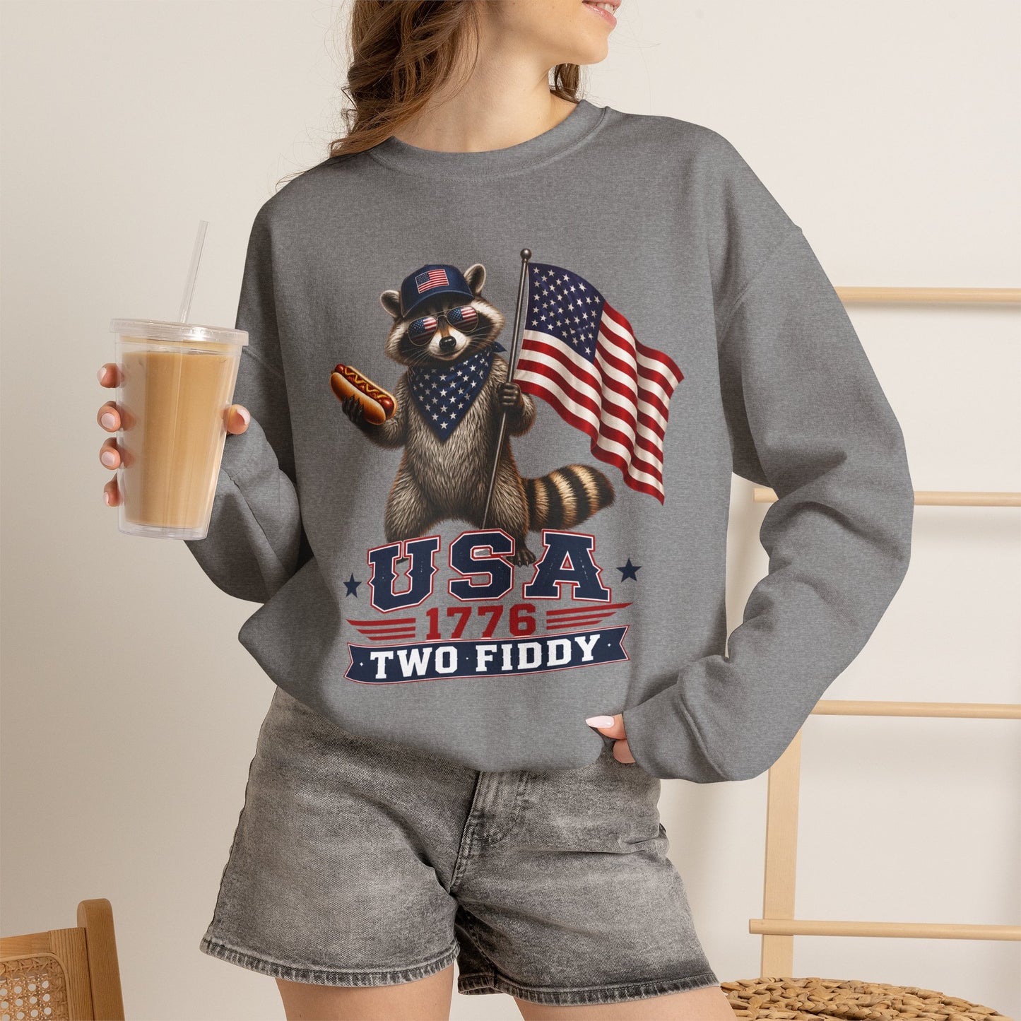 Patriotic Raccoon USA 1776 Two Fiddy Crewneck Sweatshirt