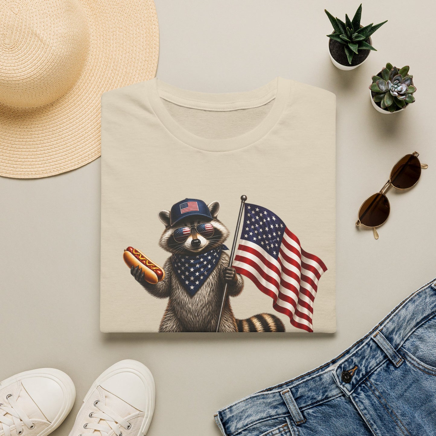 Patriotic Raccoon T-Shirt — USA 1776 "Two Fiddy" Flag Design
