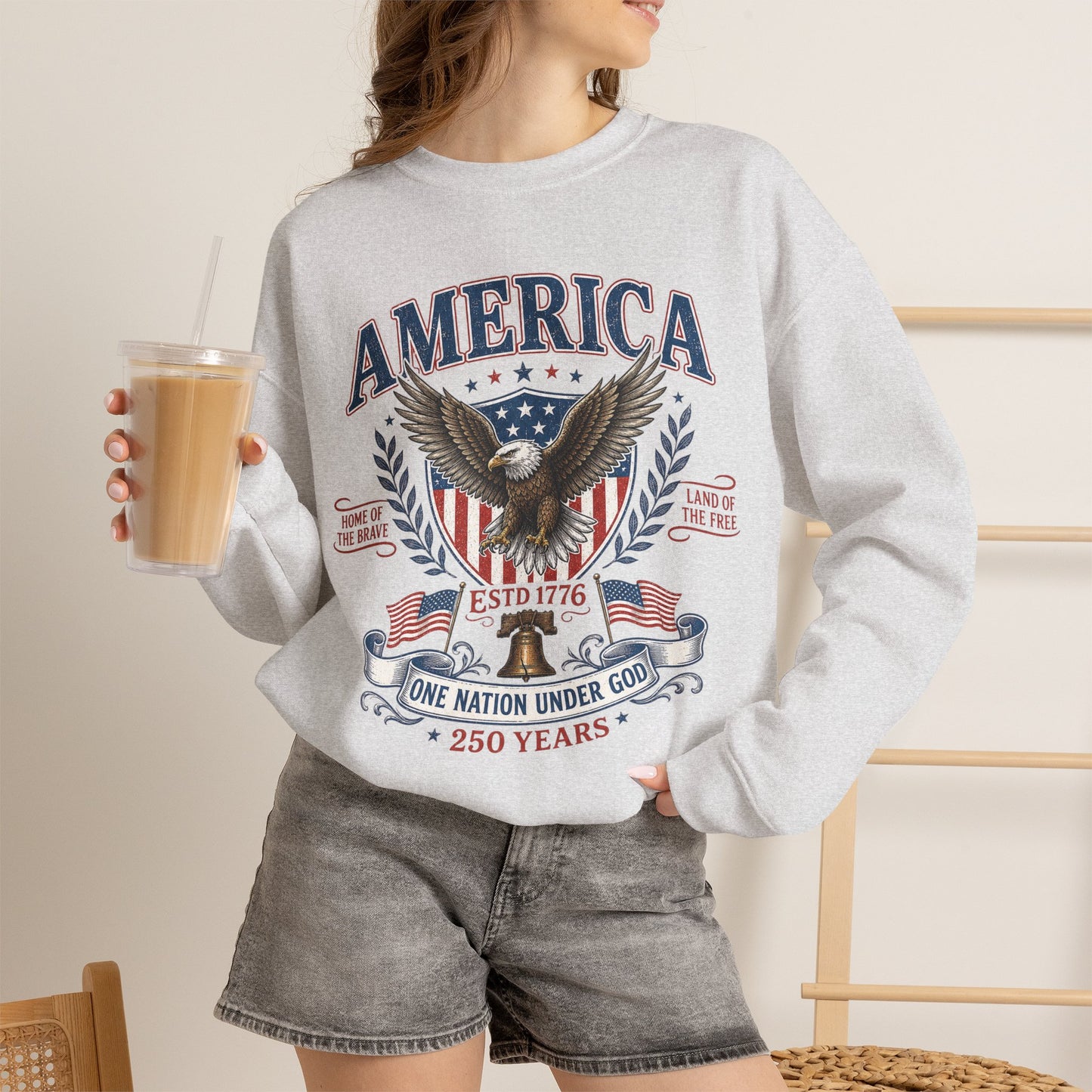 America Eagle Crewneck Sweatshirt – One Nation Under God 250 Years
