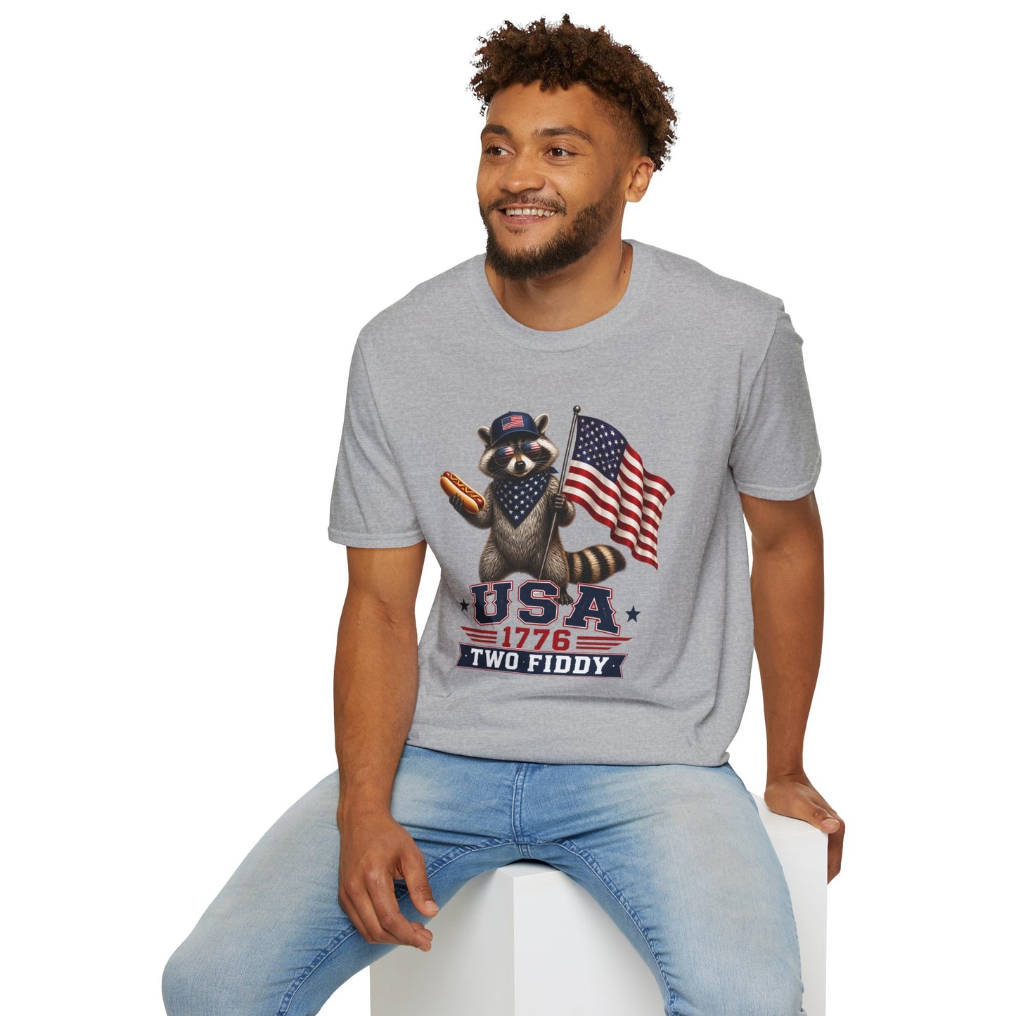 Patriotic Raccoon T-Shirt — USA 1776 "Two Fiddy" Flag Design