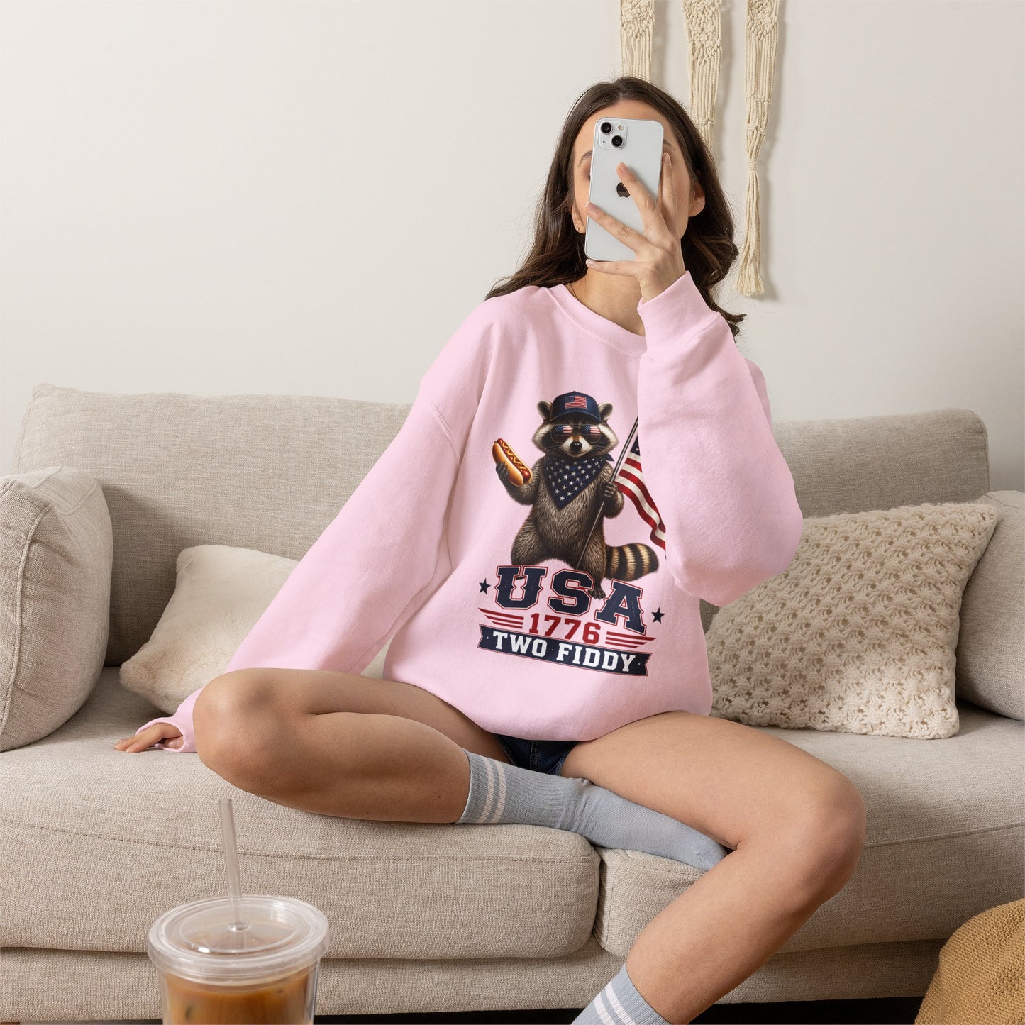 Patriotic Raccoon USA 1776 Two Fiddy Crewneck Sweatshirt