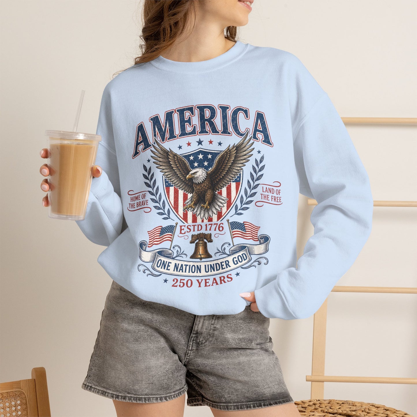 America Eagle Crewneck Sweatshirt – One Nation Under God 250 Years