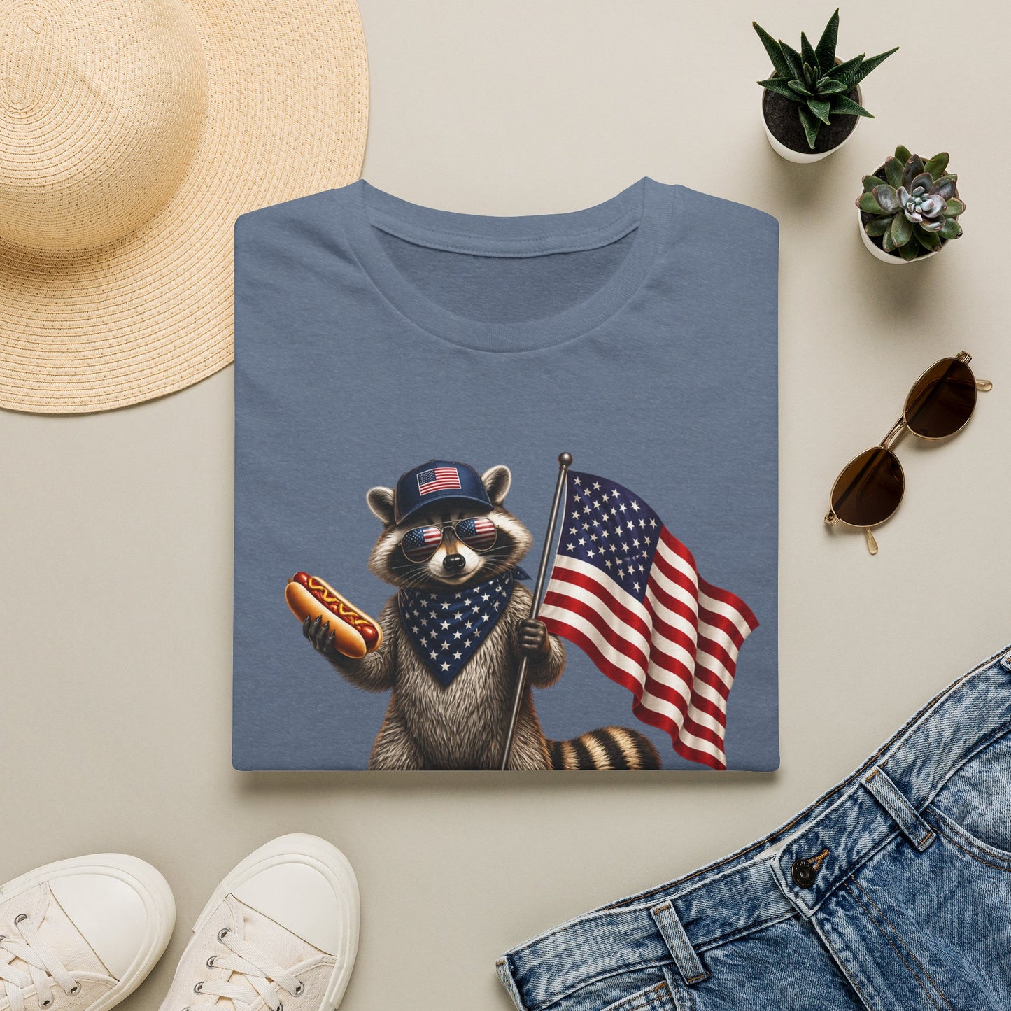 Patriotic Raccoon T-Shirt — USA 1776 "Two Fiddy" Flag Design