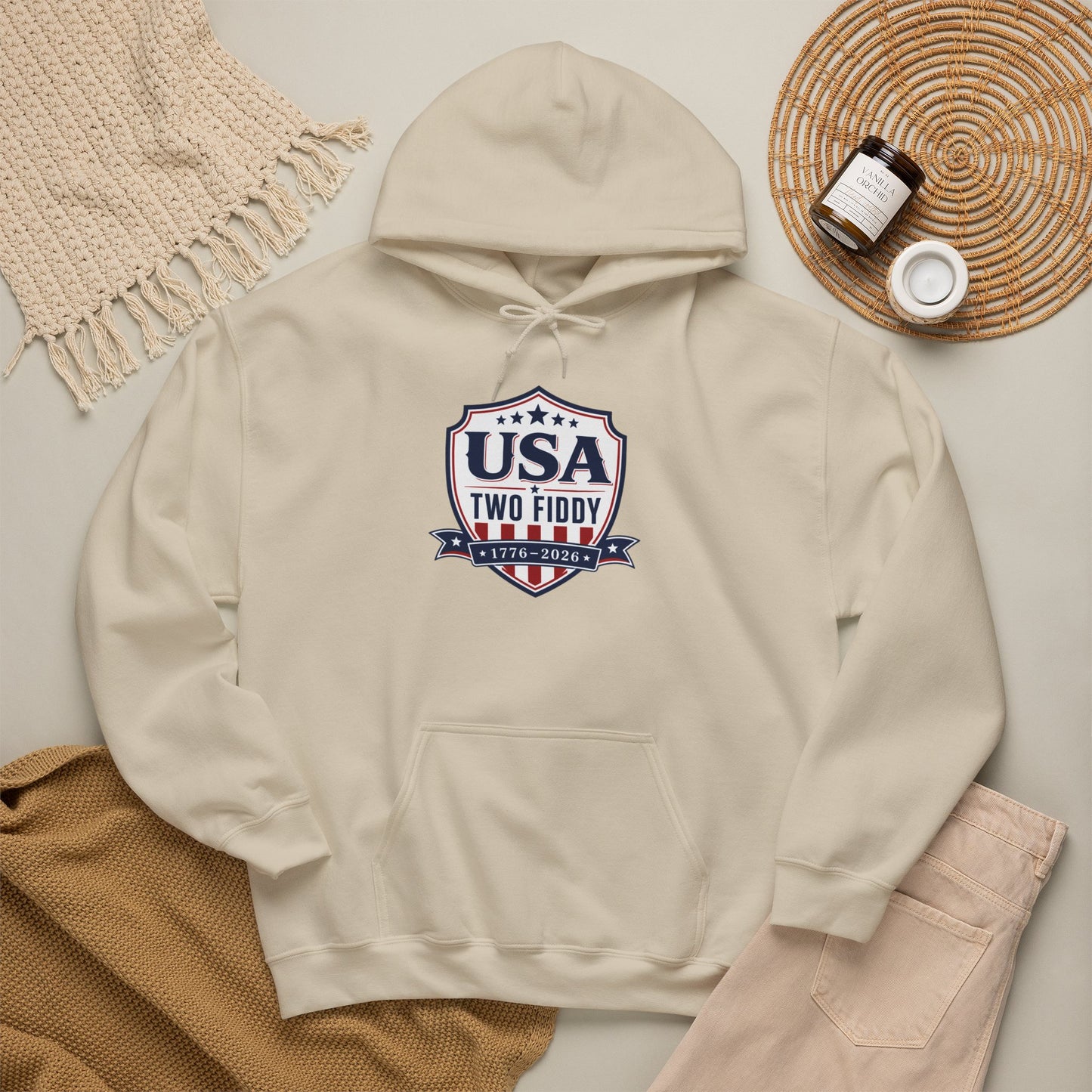 USA Two Fiddy Shield Hoodie — Patriotic Vintage American Flag Sweatshirt (Two Fifty)