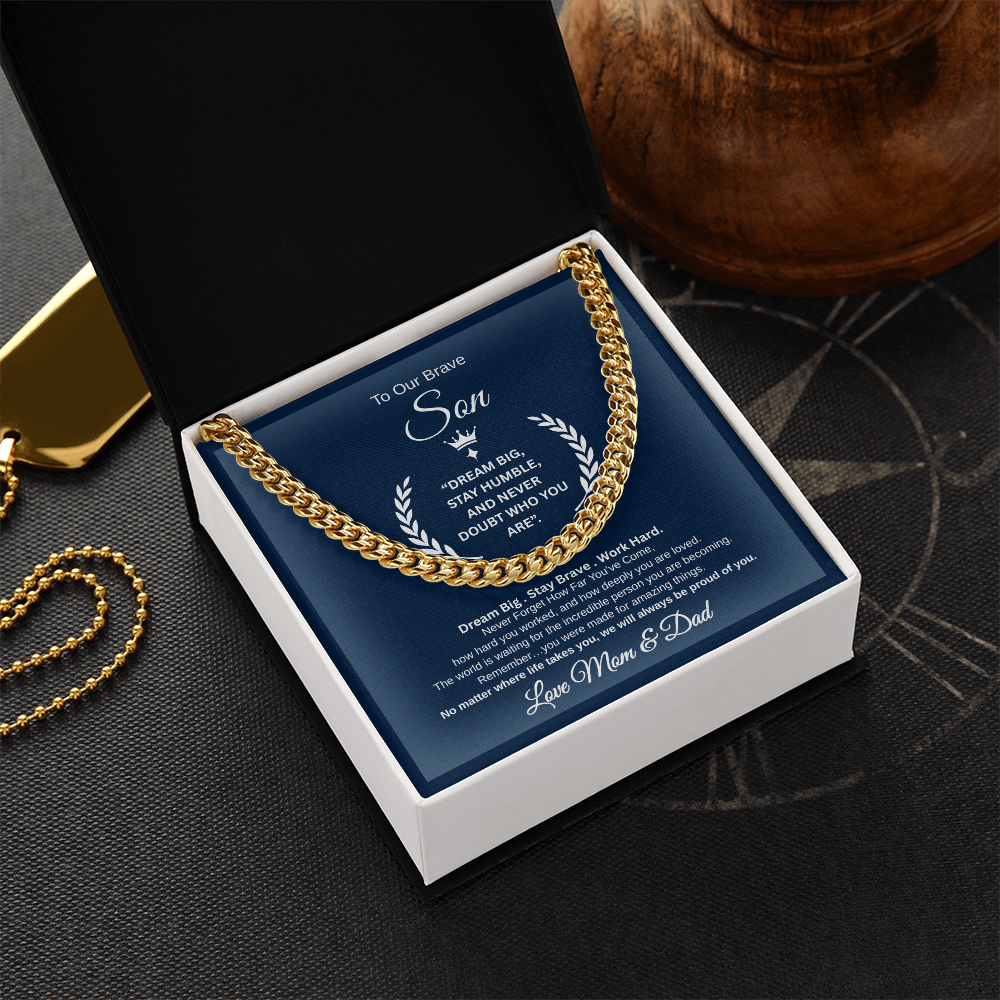 Gift To Our Son From Mom & Dad " Dream Big. Stay Brave. Work Hard." Link Chain Necklace