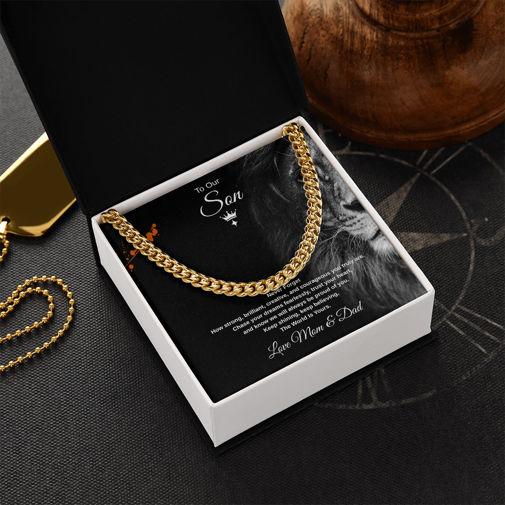 Gift To Our Son From Mom & Dad, "Keep shining, keep believing, The World Is Yours" Link Chain Necklace