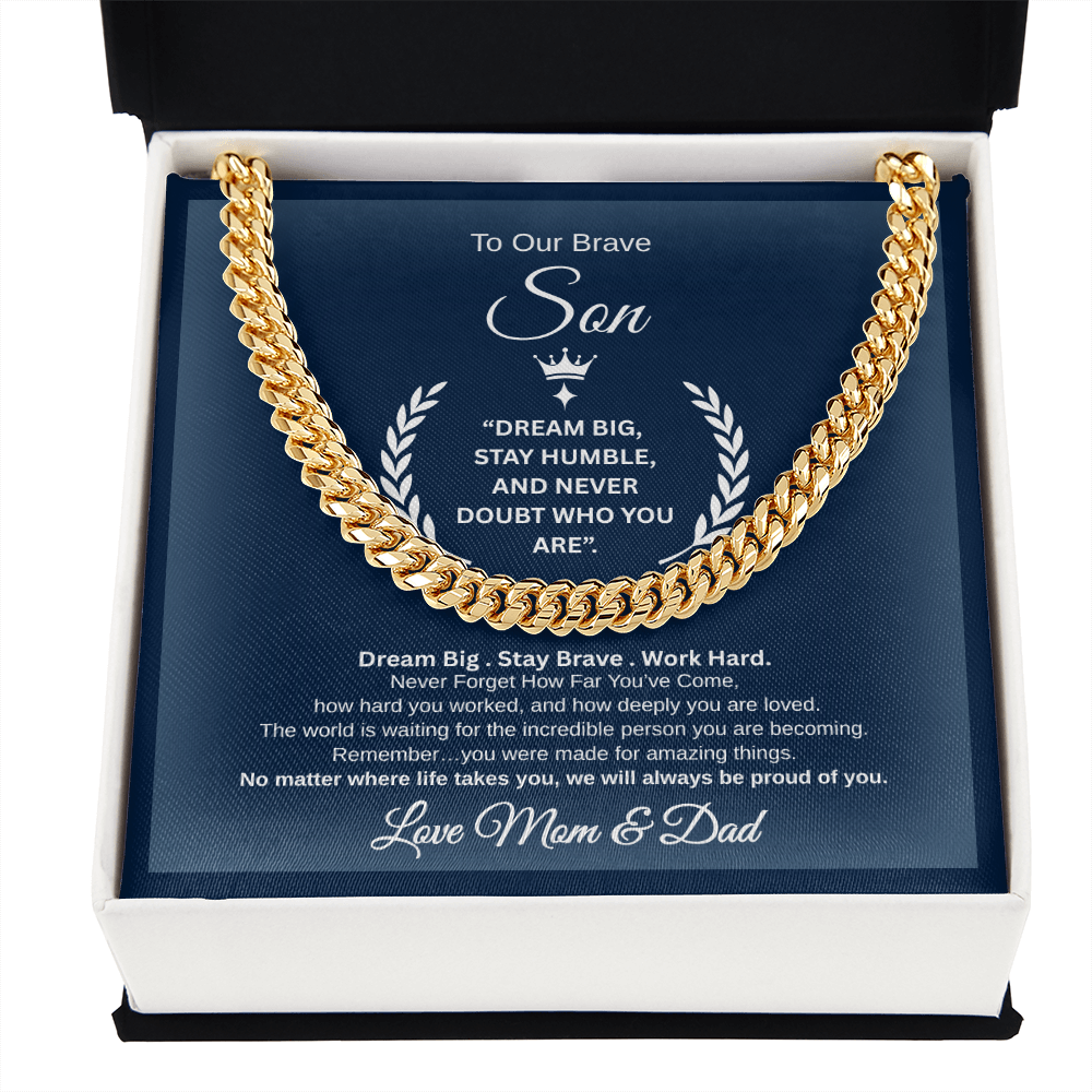 Gift To Our Son From Mom & Dad " Dream Big. Stay Brave. Work Hard." Link Chain Necklace