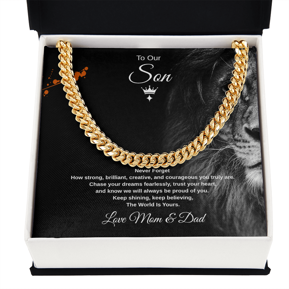 Gift To Our Son From Mom & Dad, "Keep shining, keep believing, The World Is Yours" Link Chain Necklace