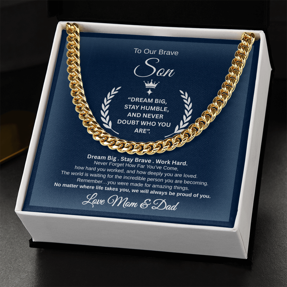 Gift To Our Son From Mom & Dad " Dream Big. Stay Brave. Work Hard." Link Chain Necklace