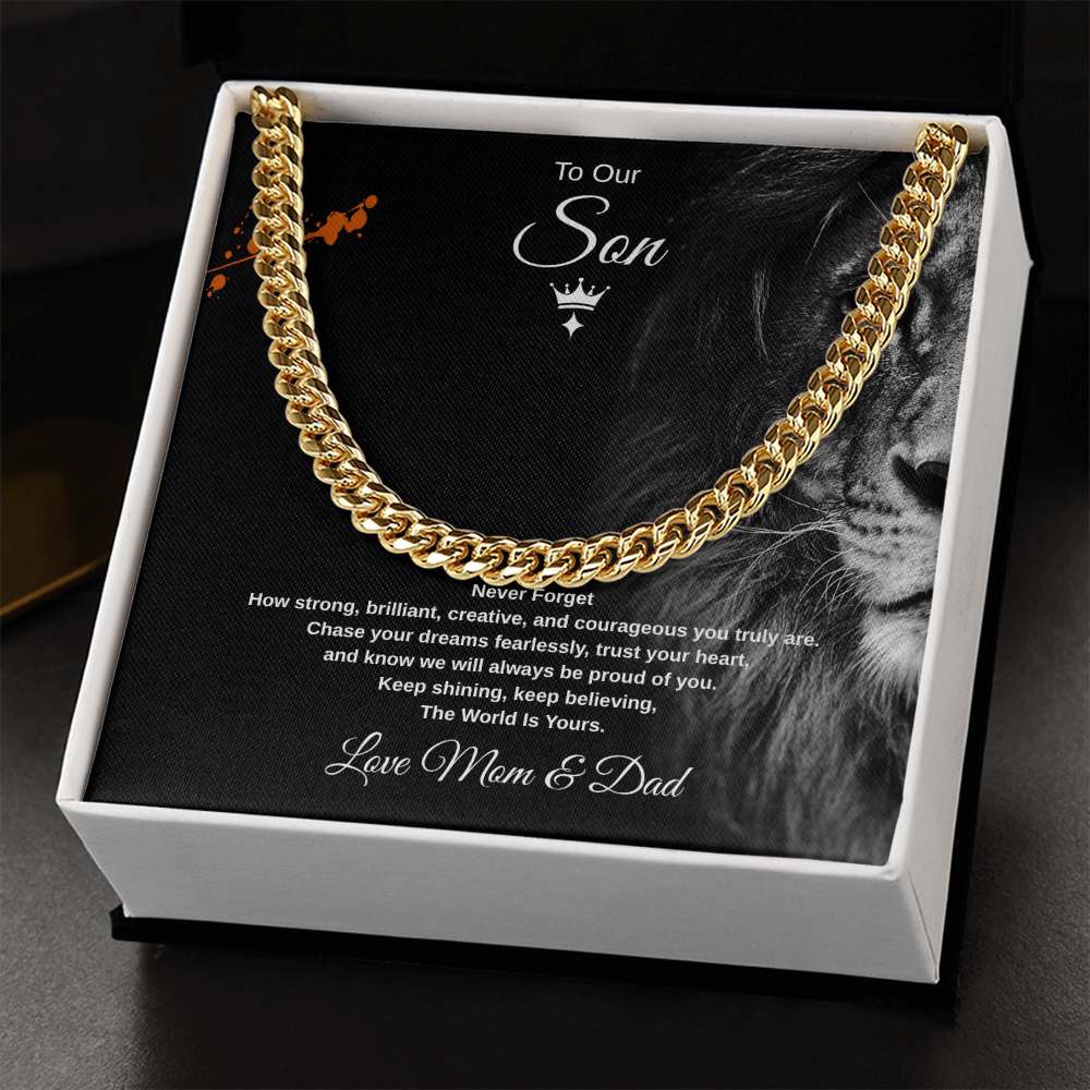 Gift To Our Son From Mom & Dad, "Keep shining, keep believing, The World Is Yours" Link Chain Necklace