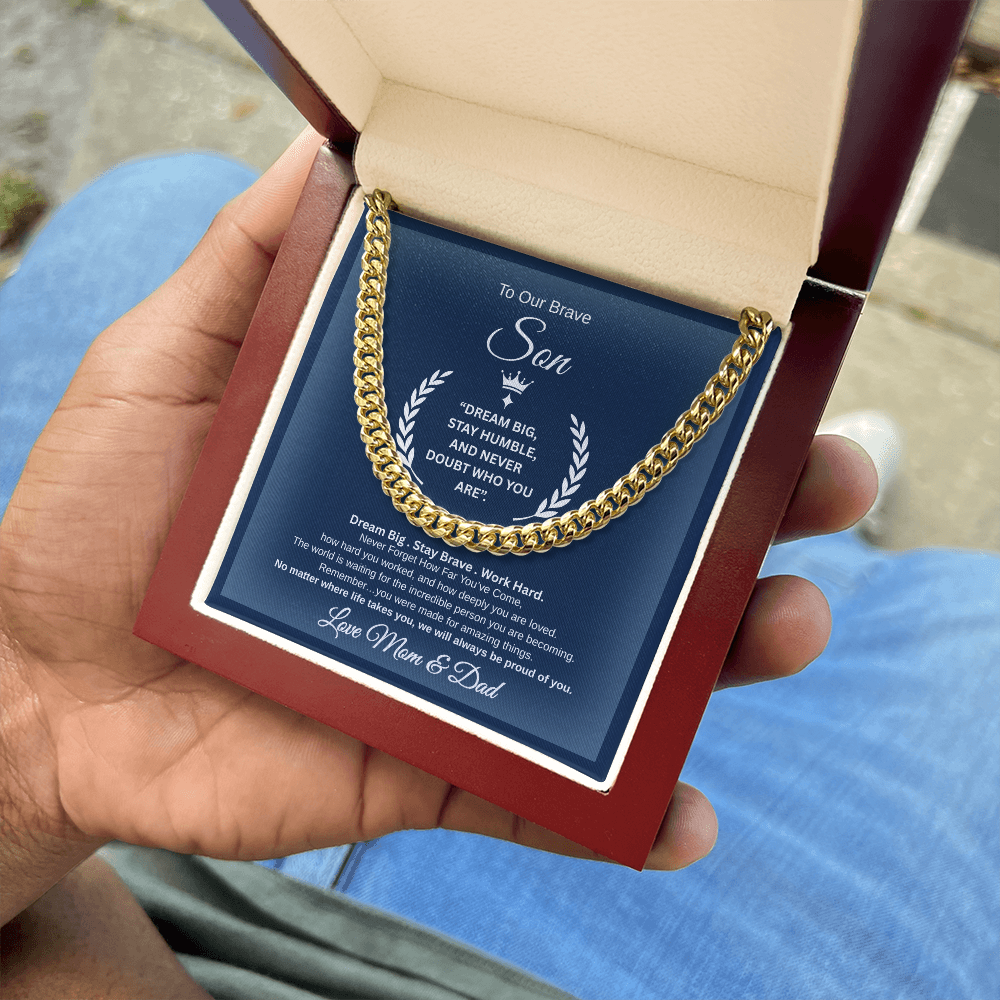 Gift To Our Son From Mom & Dad " Dream Big. Stay Brave. Work Hard." Link Chain Necklace