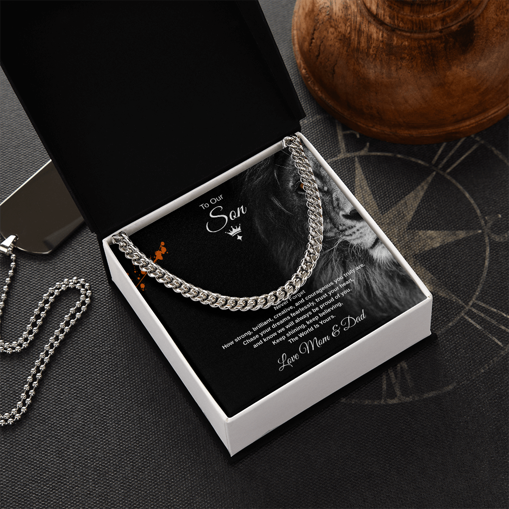 Gift To Our Son From Mom & Dad, "Keep shining, keep believing, The World Is Yours" Link Chain Necklace