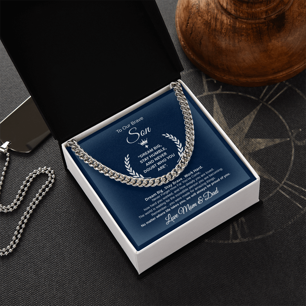 Gift To Our Son From Mom & Dad " Dream Big. Stay Brave. Work Hard." Link Chain Necklace