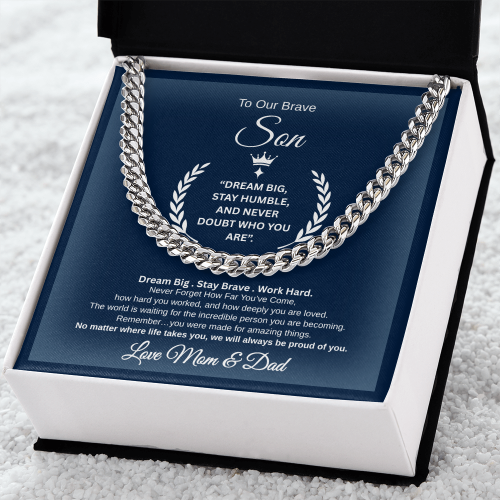 Gift To Our Son From Mom & Dad " Dream Big. Stay Brave. Work Hard." Link Chain Necklace