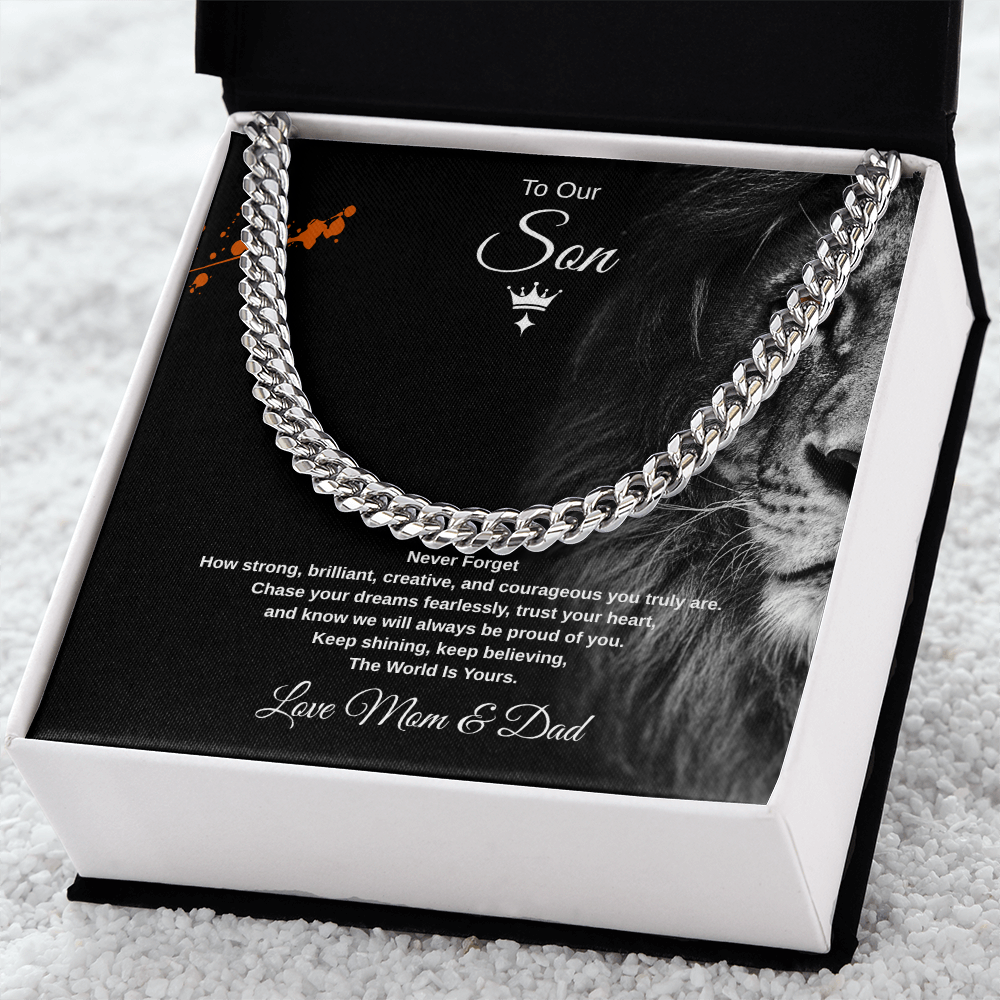 Gift To Our Son From Mom & Dad, "Keep shining, keep believing, The World Is Yours" Link Chain Necklace