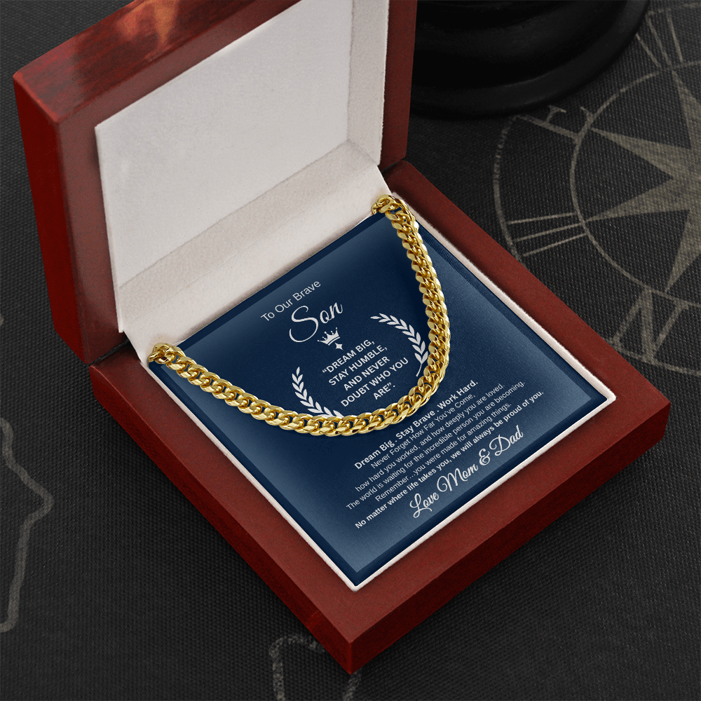 Gift To Our Son From Mom & Dad " Dream Big. Stay Brave. Work Hard." Link Chain Necklace