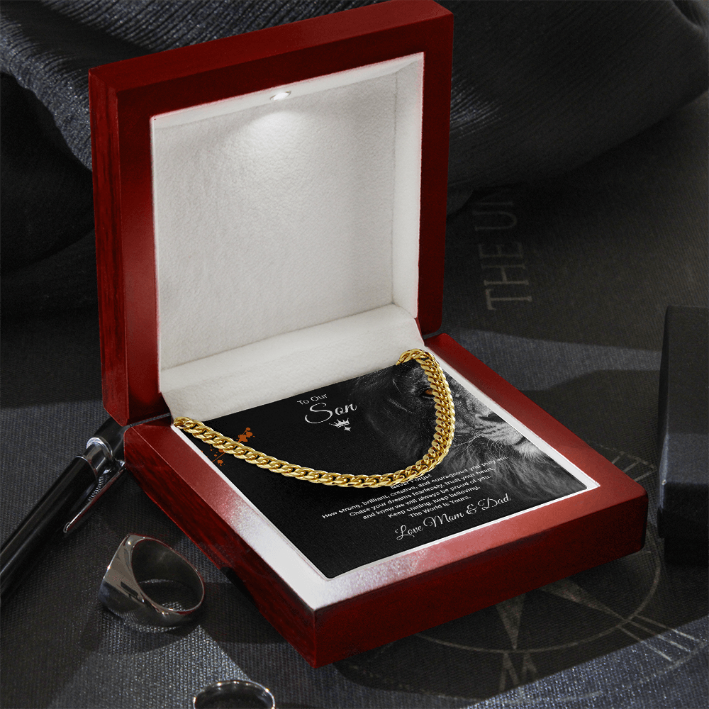 Gift To Our Son From Mom & Dad, "Keep shining, keep believing, The World Is Yours" Link Chain Necklace