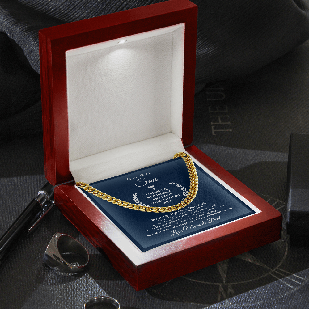 Gift To Our Son From Mom & Dad " Dream Big. Stay Brave. Work Hard." Link Chain Necklace