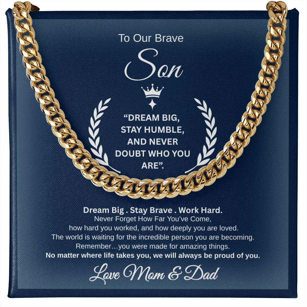 Gift To Our Son From Mom & Dad " Dream Big. Stay Brave. Work Hard." Link Chain Necklace