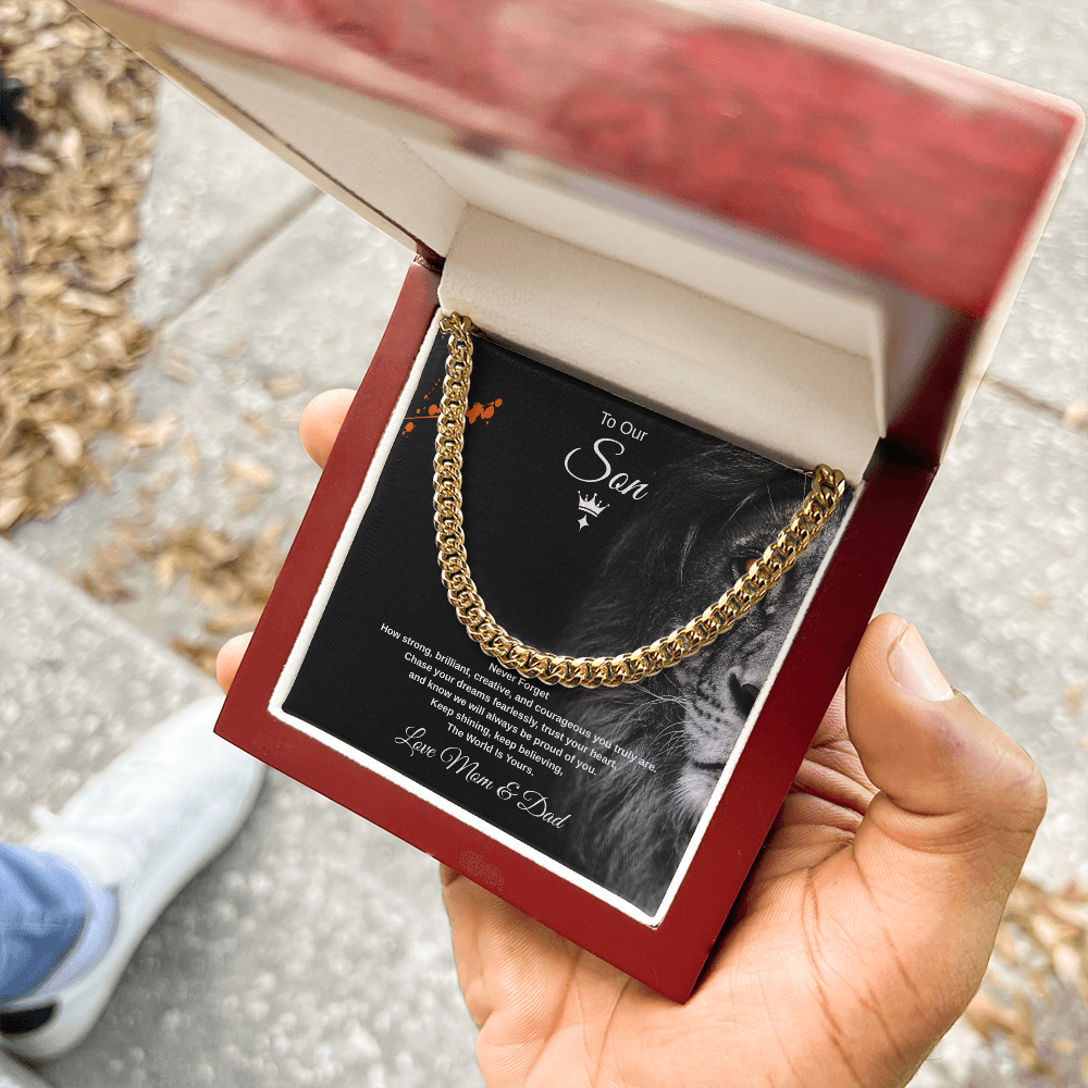 Gift To Our Son From Mom & Dad, "Keep shining, keep believing, The World Is Yours" Link Chain Necklace