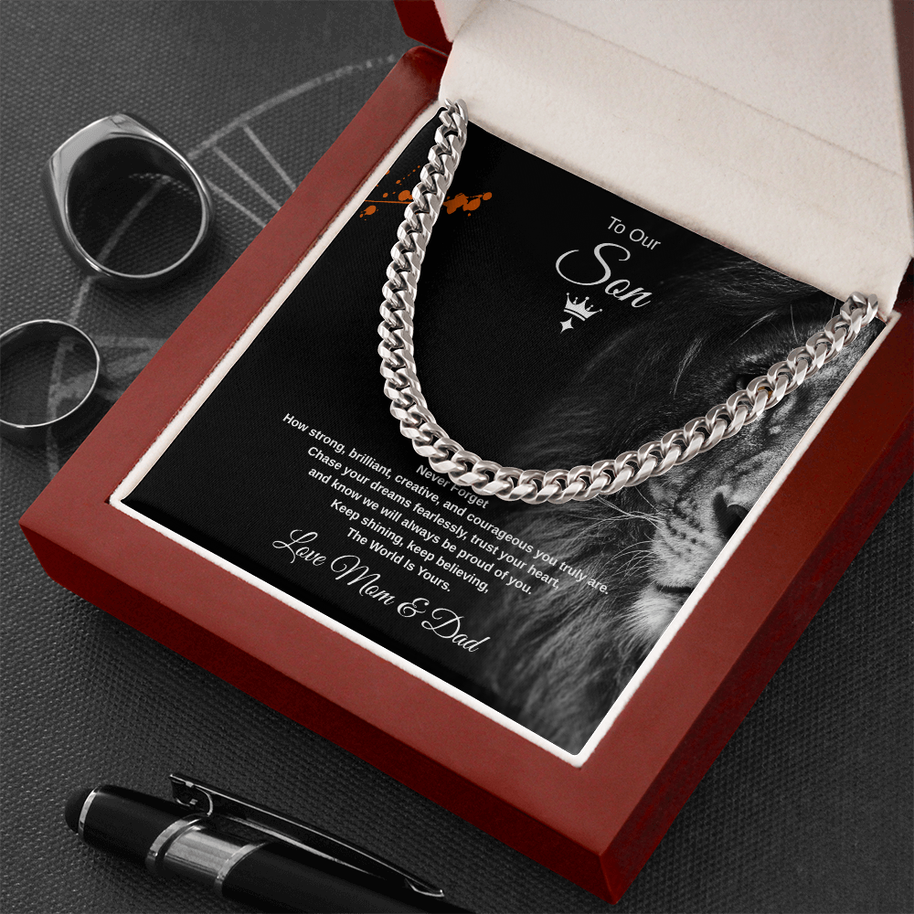 Gift To Our Son From Mom & Dad, "Keep shining, keep believing, The World Is Yours" Link Chain Necklace