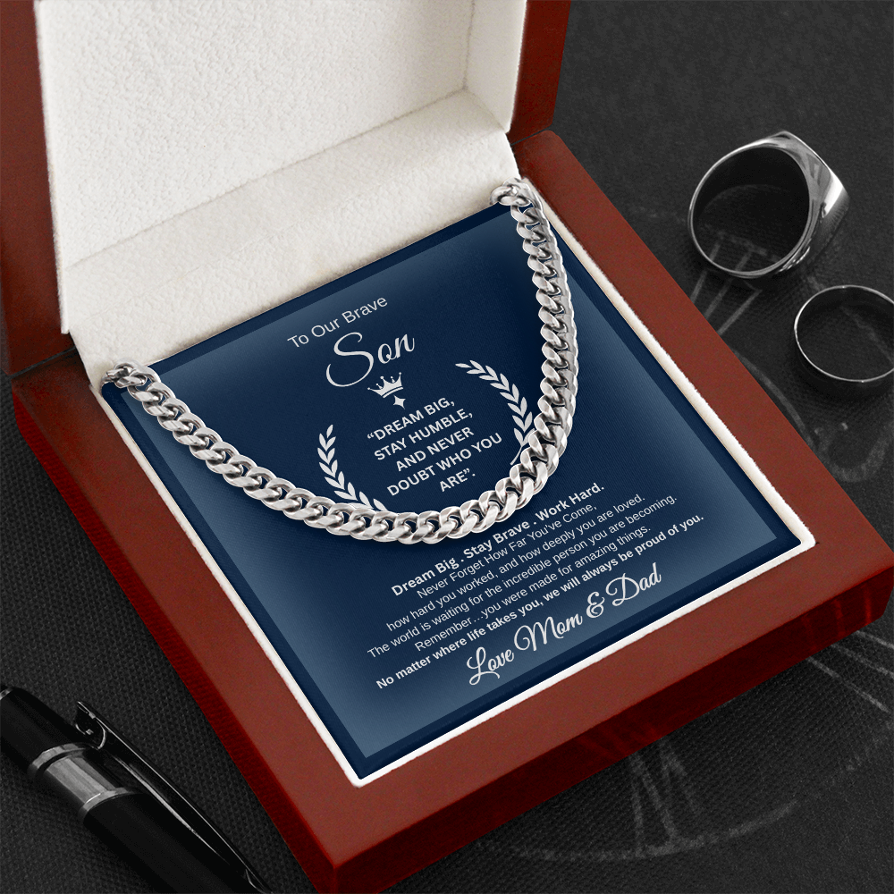 Gift To Our Son From Mom & Dad " Dream Big. Stay Brave. Work Hard." Link Chain Necklace