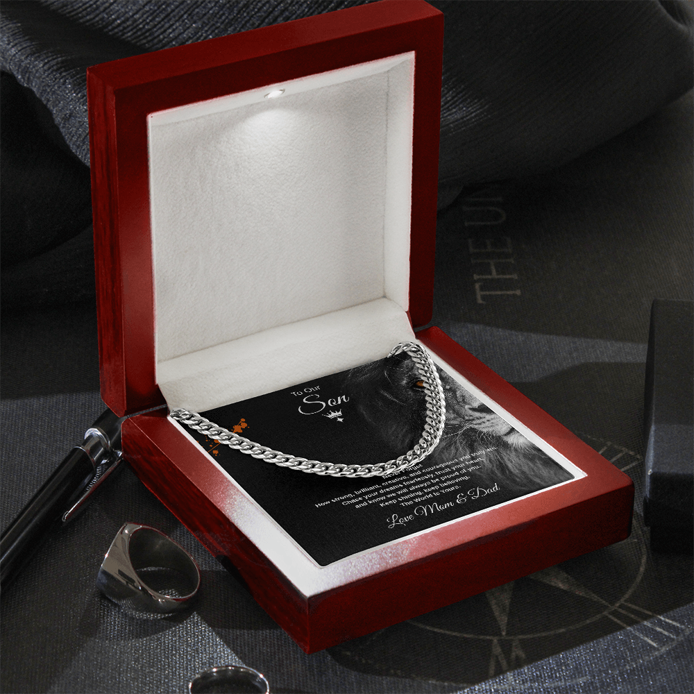 Gift To Our Son From Mom & Dad, "Keep shining, keep believing, The World Is Yours" Link Chain Necklace