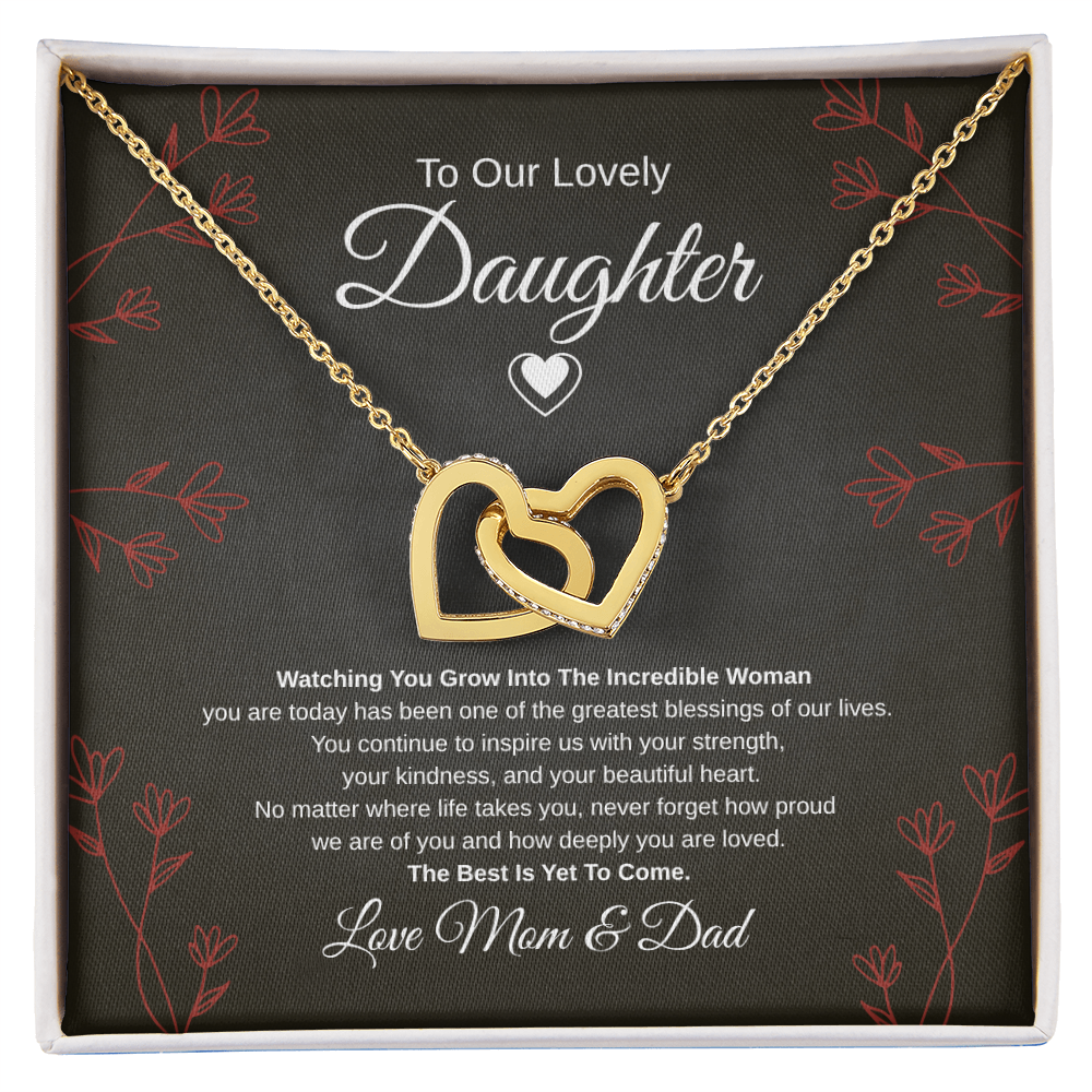Gift To Our Lovely Daughter From Mom & Dad “One Of The Greatest Blessings Of Our Life”  Interlocking Hearts necklace