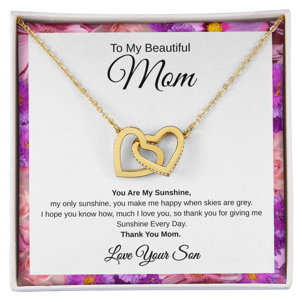 Gift From Son, To My Beautiful Mom "You Are My Sunshine" Interlocking Hearts Necklace